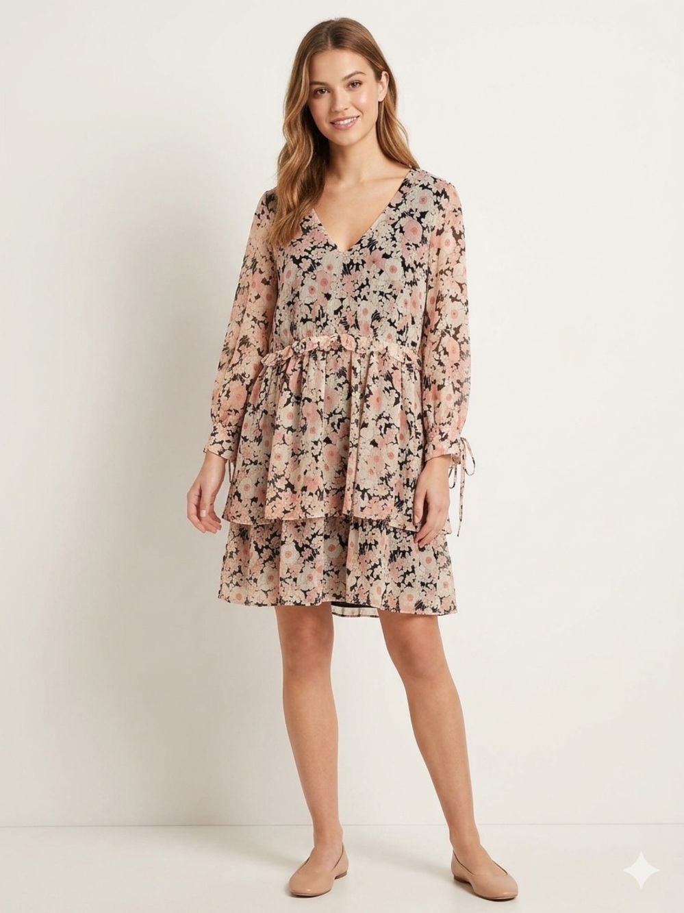 Tommy Hilfiger Blush Pink Floral Tiered V-Neck Mini Dress